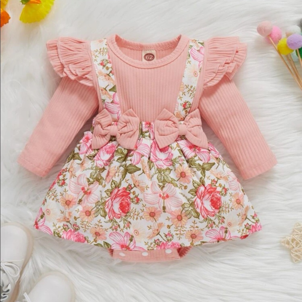 Baby floral pink flower bodysuit 3-6 months 68 ruffle cute dress